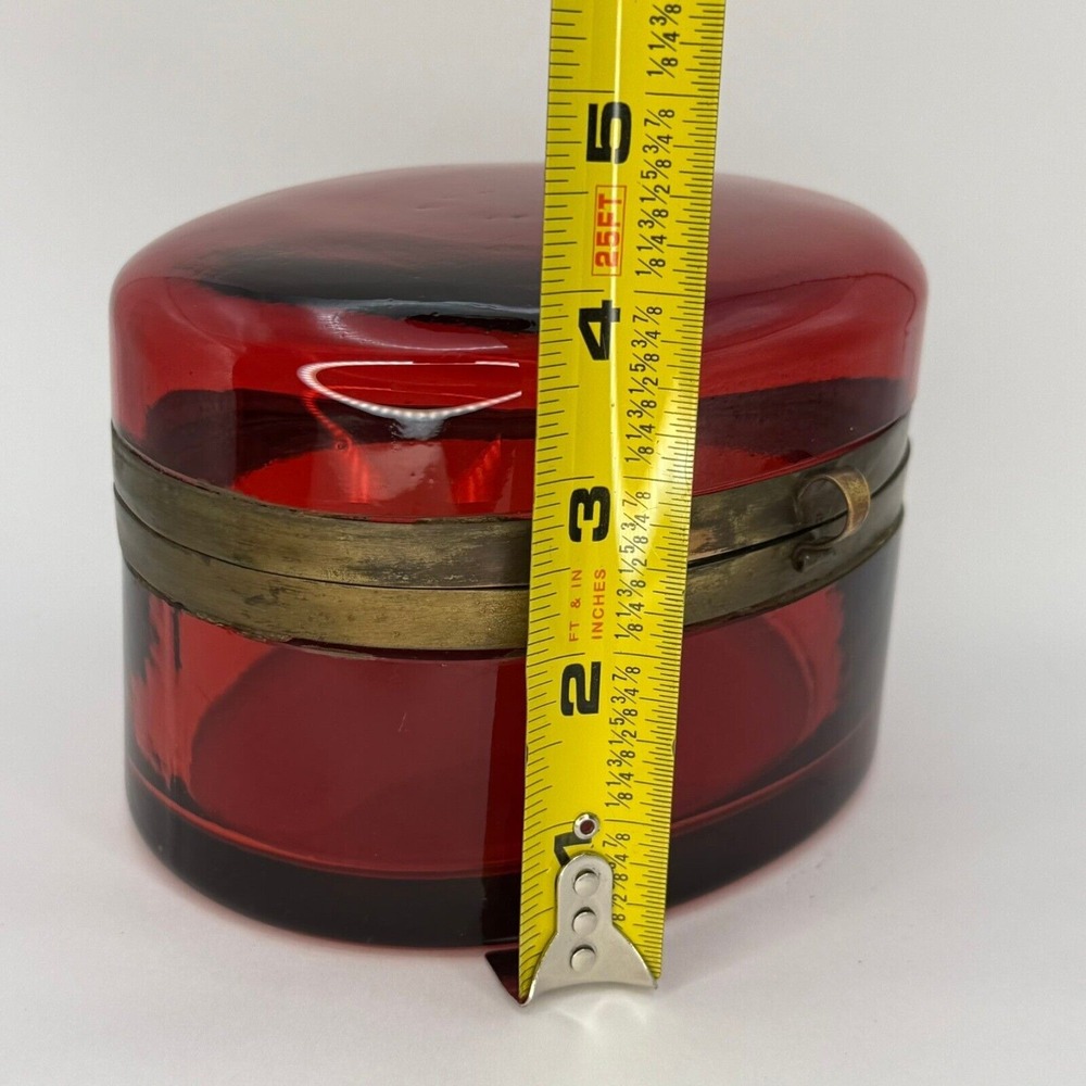 Antique Red Cranberry Crystal Hinged Casket Box Bohemian‎ French Brass Oval Rare - Picture 12 of 14
